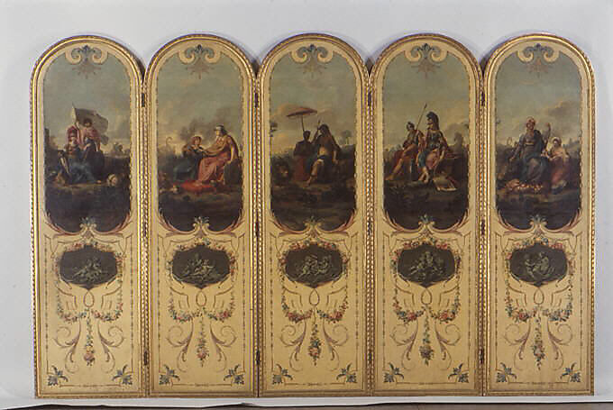Five-fold screen, Panels attributed to Jean Jacques François Le Barbier (French, Rouen 1738–1826 Paris), Panels: oil and canvas; frame: gilt wood; lining: silk taffeta, French 