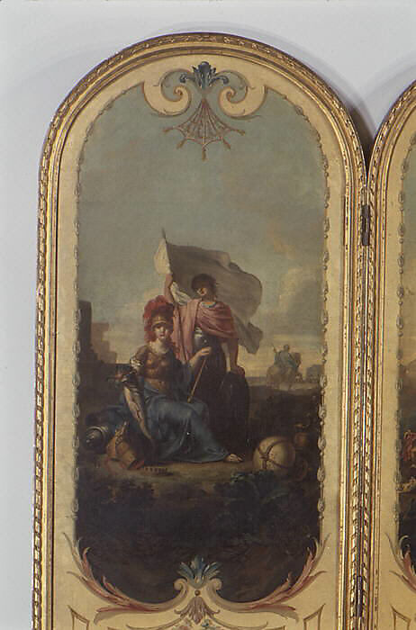 Five-fold screen, Panels attributed to Jean Jacques François Le Barbier (French, Rouen 1738–1826 Paris), Panels: oil and canvas; frame: gilt wood; lining: silk taffeta, French