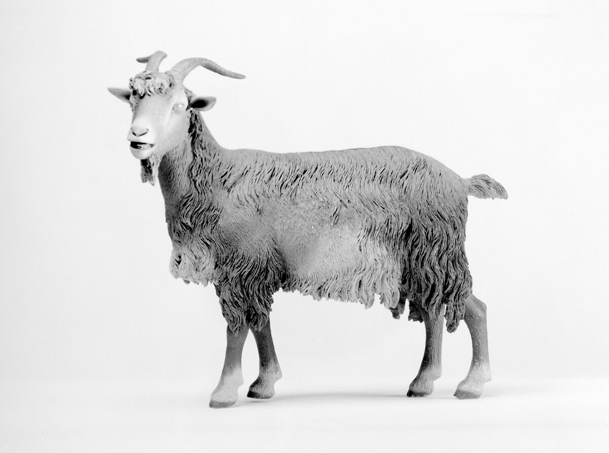 Standing female goat, Polychromed terracotta body with wooden ears and horns; lead eyes, Italian, Naples