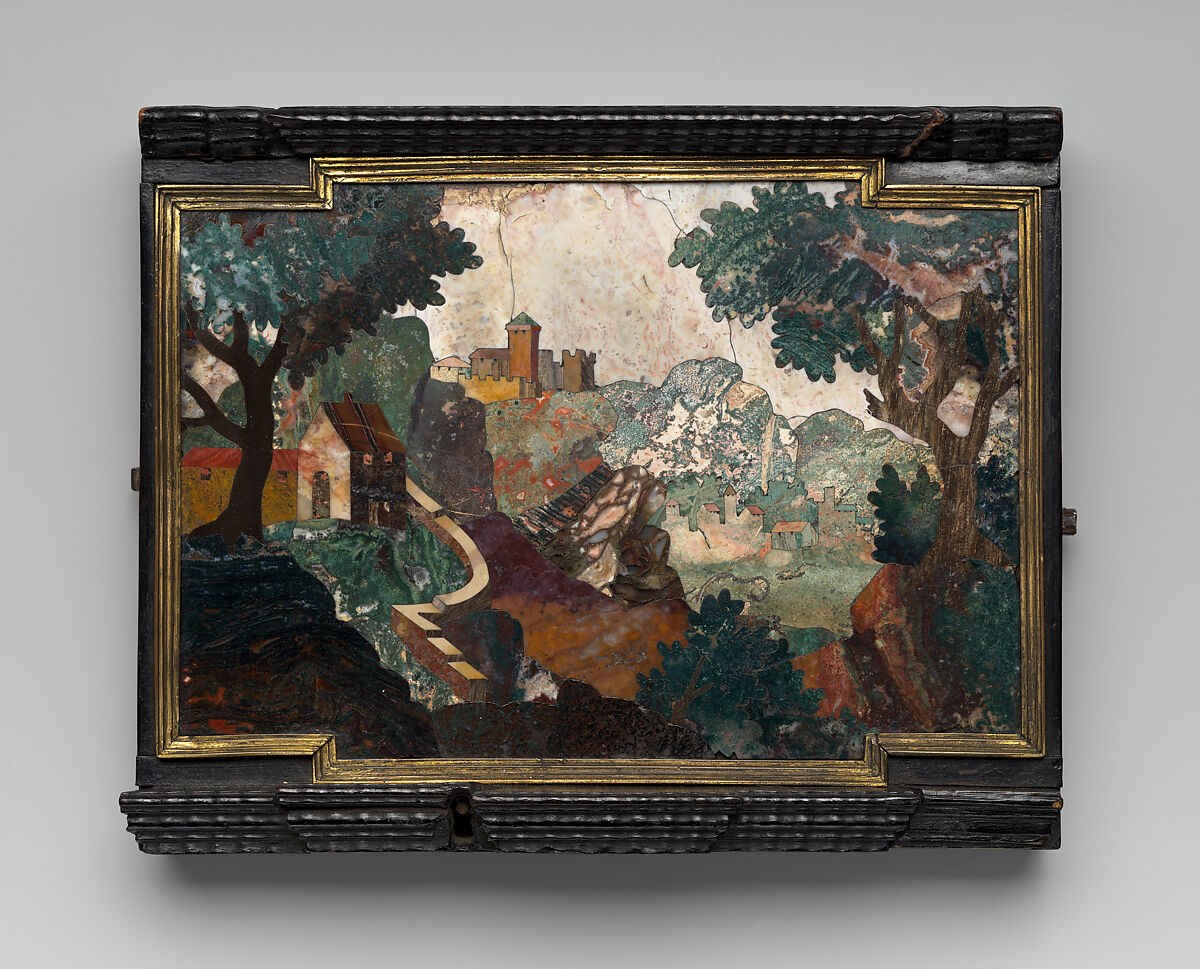 Pietre dure (hardstone) landscape scene, Castrucci Workshop, Agate, jasper, other hardstones; ebony; iron, Bohemian, Prague 