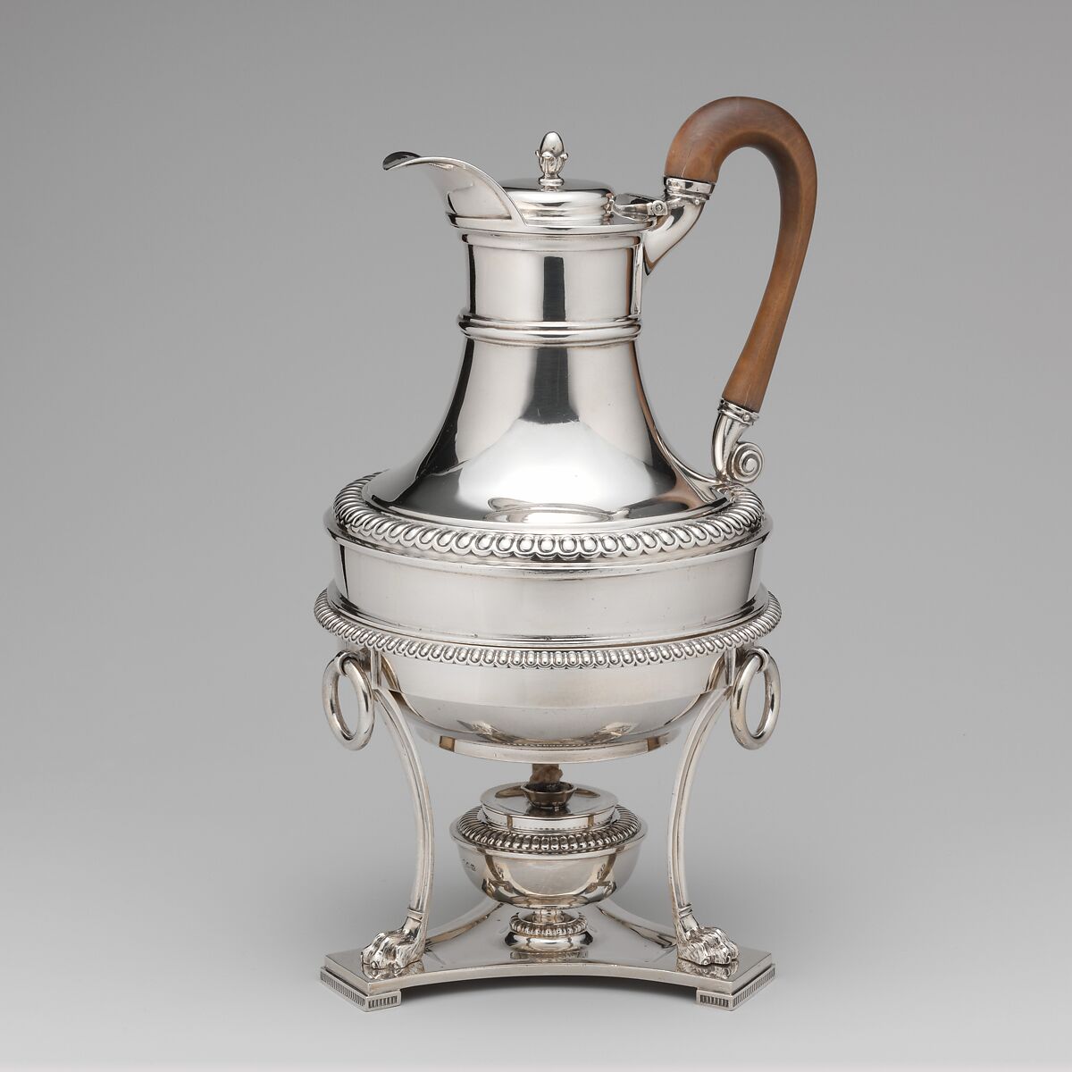 Hot water jug, Paul Storr (British, 1771–1844), Silver, wood, British, London 