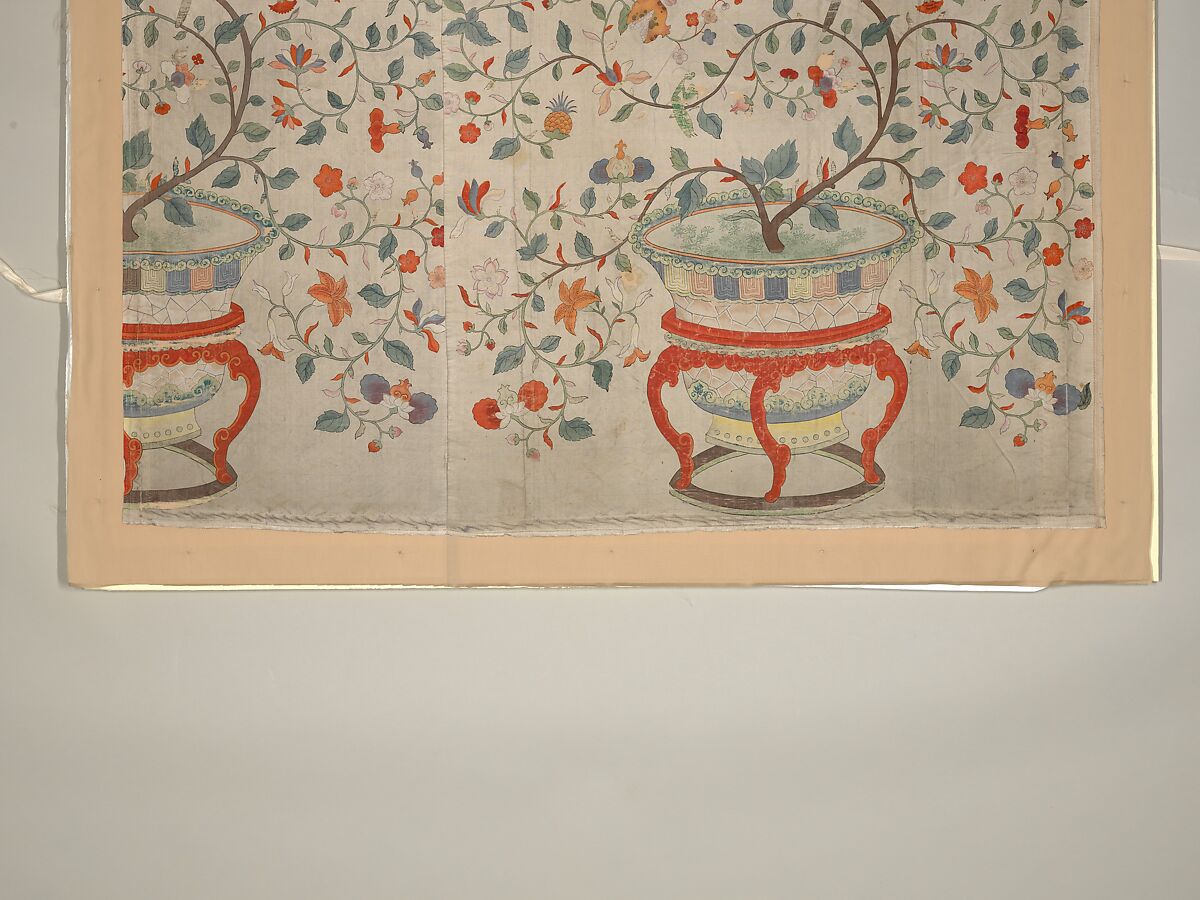 Wall panel with garden urns, Silk taffeta, painted and printed, Chinese, for European market