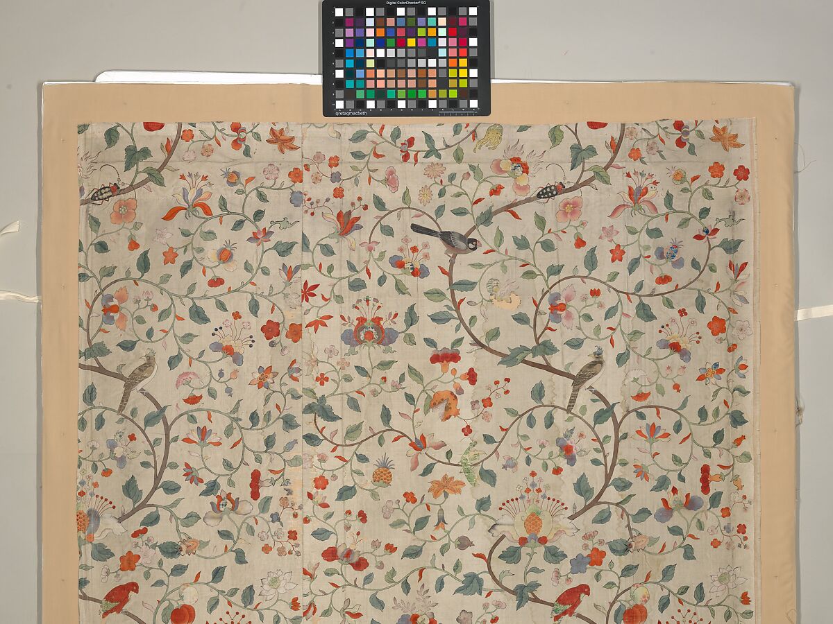 Wall panel with garden urns, Silk taffeta, painted and printed, Chinese, for European market