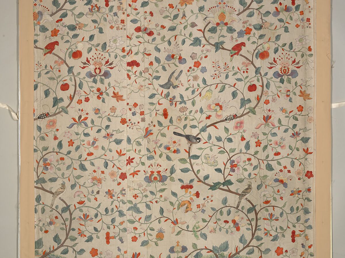 Wall panel with garden urns, Silk taffeta, painted and printed, Chinese, for European market