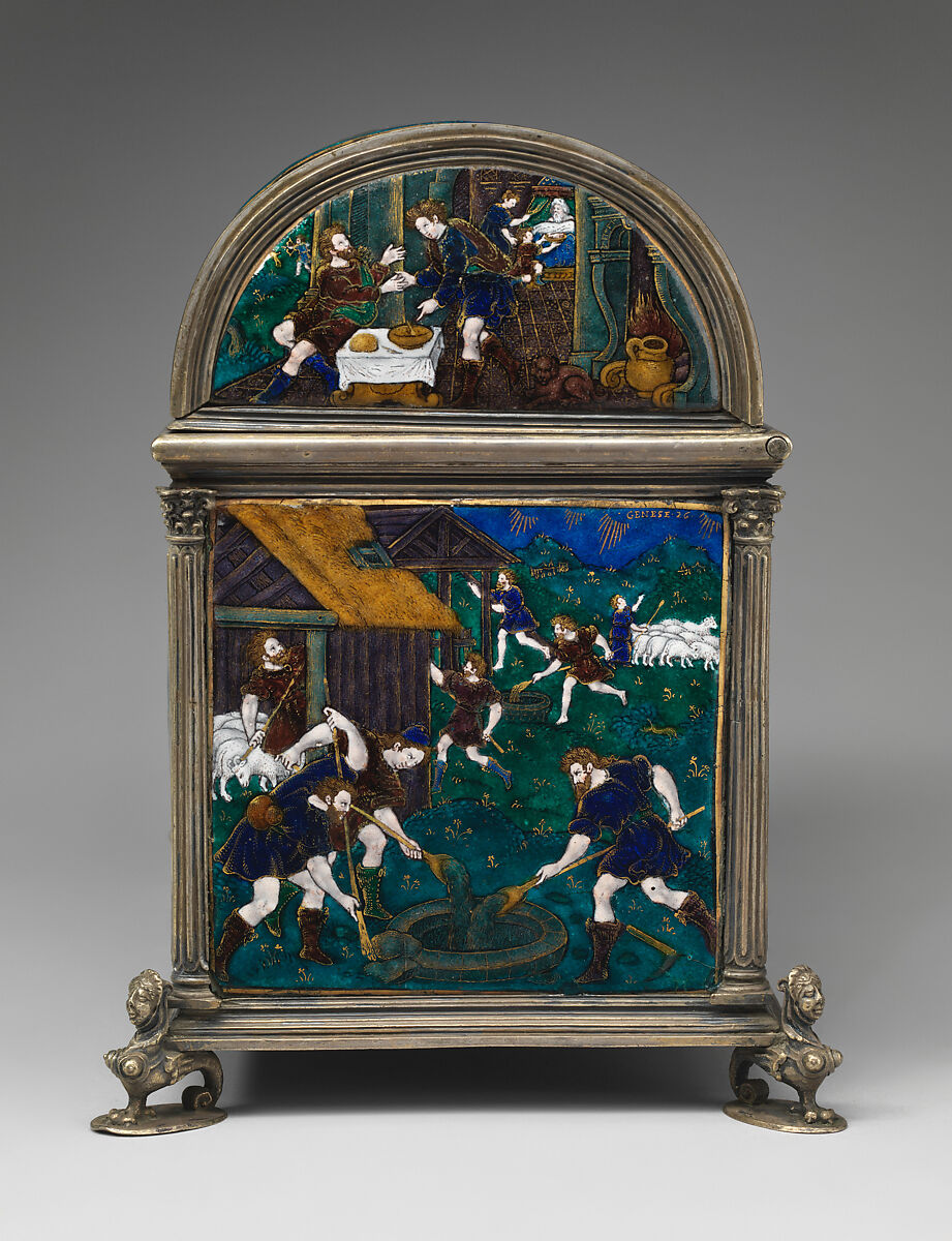 Casket with scenes of Genesis, Suzanne de Court (French, active 1575–1625), Painted enamel on copper, partly gilt; silver mounts, French, Limoges
