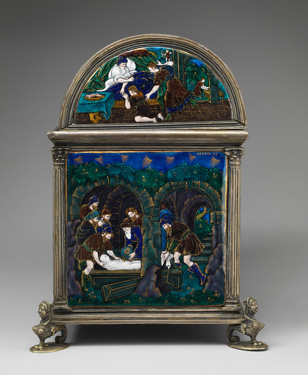 Casket with scenes of Genesis, Suzanne de Court (French, active 1575–1625), Painted enamel on copper, partly gilt; silver mounts, French, Limoges