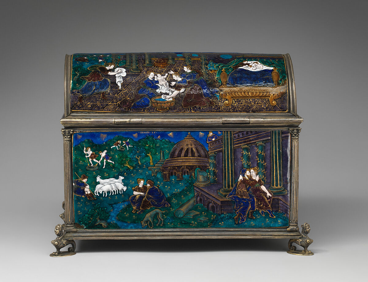 Casket with scenes of Genesis, Suzanne de Court (French, active 1575–1625), Painted enamel on copper, partly gilt; silver mounts, French, Limoges