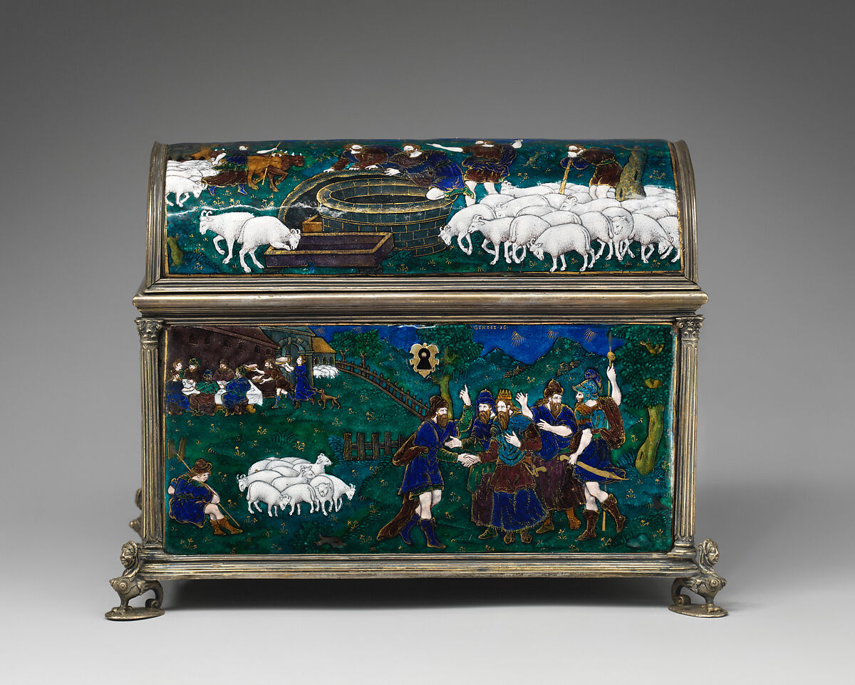 Casket with scenes of Genesis, Suzanne de Court (French, active 1575–1625), Painted enamel on copper, partly gilt; silver mounts, French, Limoges