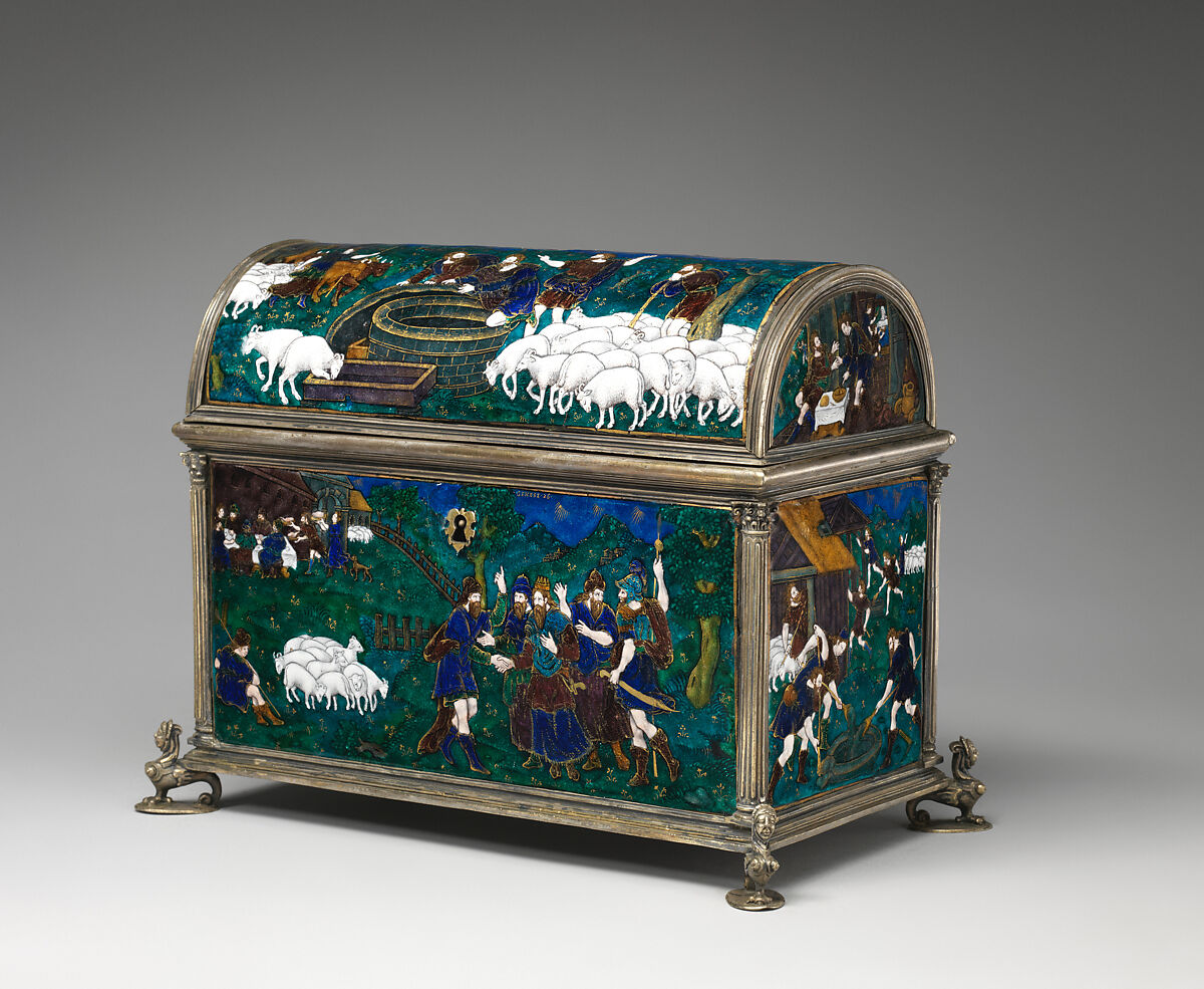 Casket with scenes of Genesis, Suzanne de Court (French, active 1575–1625), Painted enamel on copper, partly gilt; silver mounts, French, Limoges