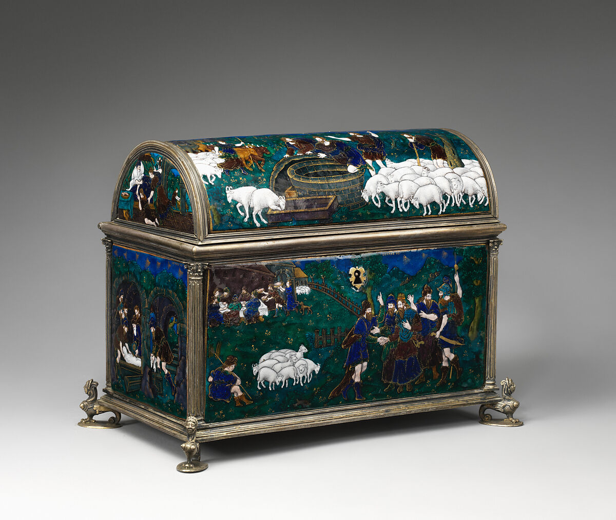 Casket with scenes of Genesis, Suzanne de Court (French, active 1575–1625), Painted enamel on copper, partly gilt; silver mounts, French, Limoges 