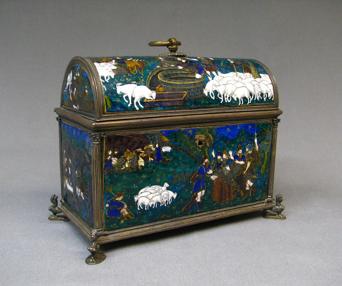 Casket with scenes of Genesis, Suzanne de Court (French, active 1575–1625), Painted enamel on copper, partly gilt; silver mounts, French, Limoges