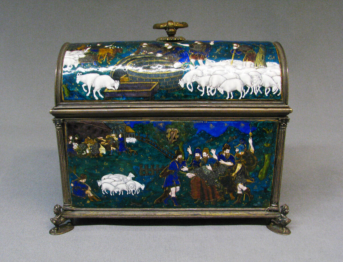 Casket with scenes of Genesis, Suzanne de Court (French, active 1575–1625), Painted enamel on copper, partly gilt; silver mounts, French, Limoges