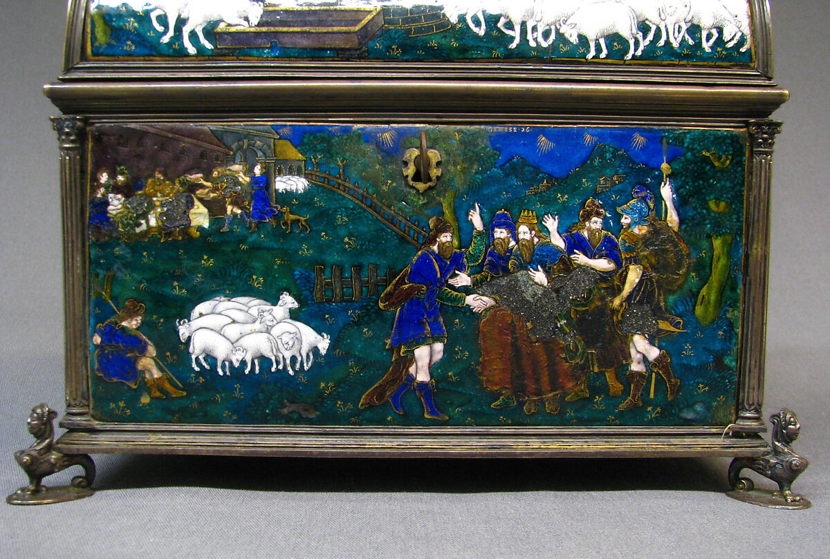 Casket with scenes of Genesis, Suzanne de Court (French, active 1575–1625), Painted enamel on copper, partly gilt; silver mounts, French, Limoges