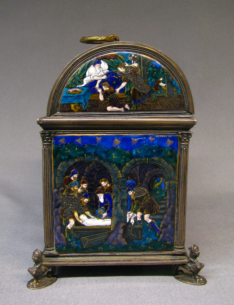 Casket with scenes of Genesis, Suzanne de Court (French, active 1575–1625), Painted enamel on copper, partly gilt; silver mounts, French, Limoges