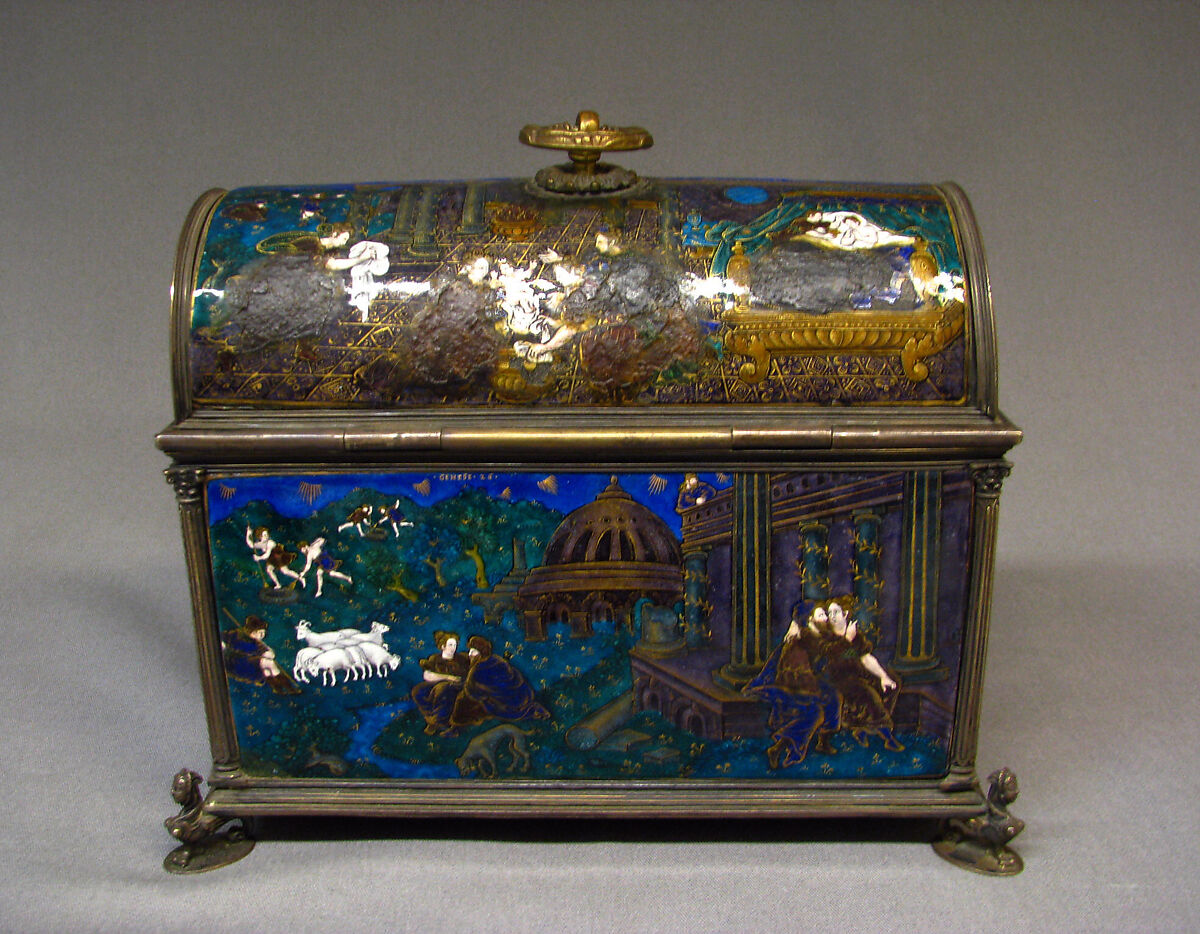 Casket with scenes of Genesis, Suzanne de Court (French, active 1575–1625), Painted enamel on copper, partly gilt; silver mounts, French, Limoges