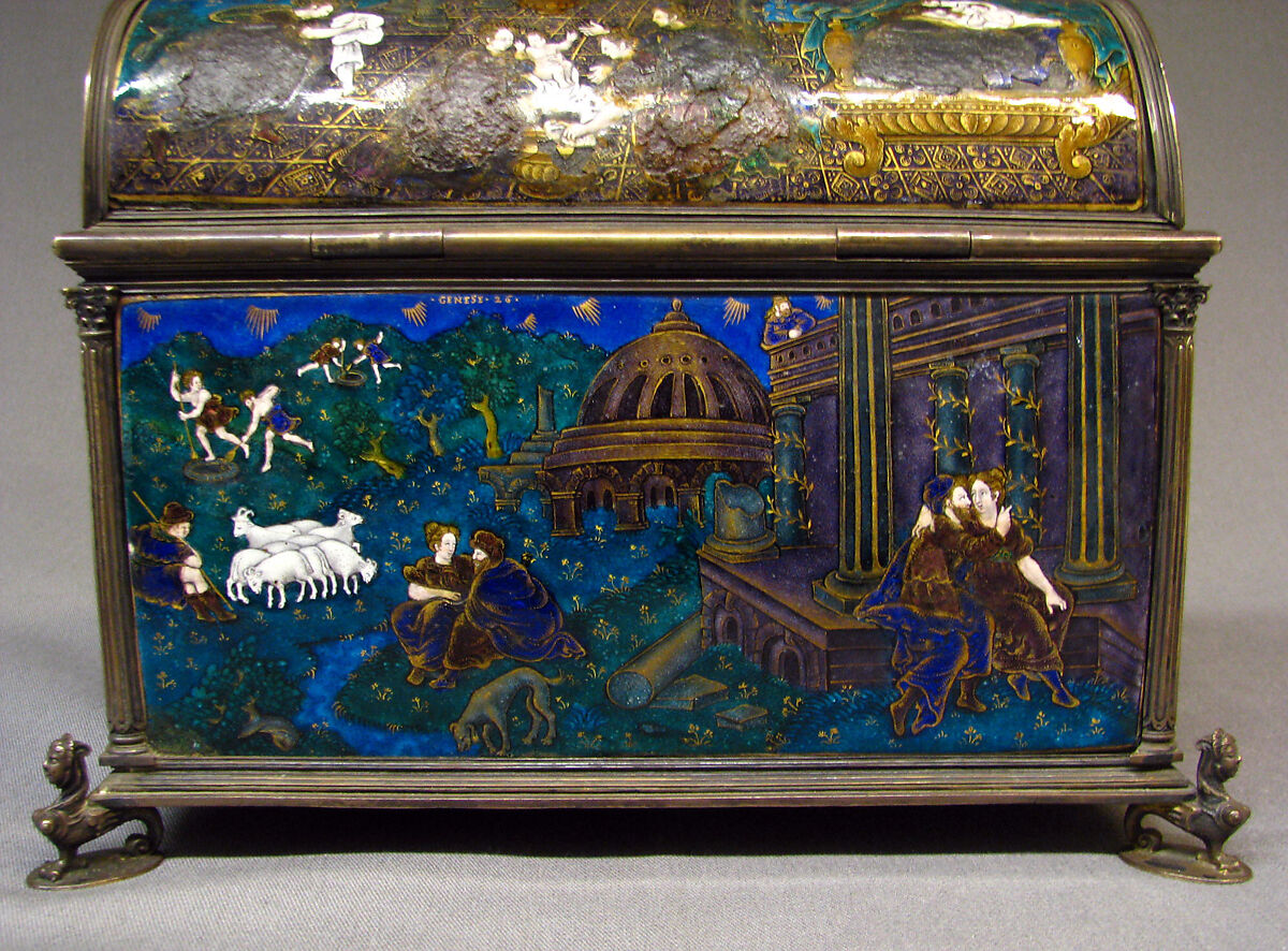 Casket with scenes of Genesis, Suzanne de Court (French, active 1575–1625), Painted enamel on copper, partly gilt; silver mounts, French, Limoges