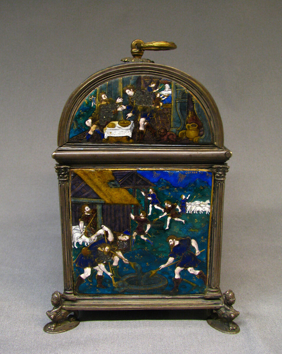 Casket with scenes of Genesis, Suzanne de Court (French, active 1575–1625), Painted enamel on copper, partly gilt; silver mounts, French, Limoges