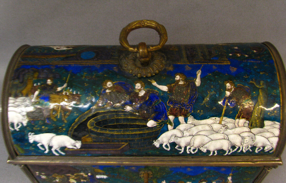 Casket with scenes of Genesis, Suzanne de Court (French, active 1575–1625), Painted enamel on copper, partly gilt; silver mounts, French, Limoges