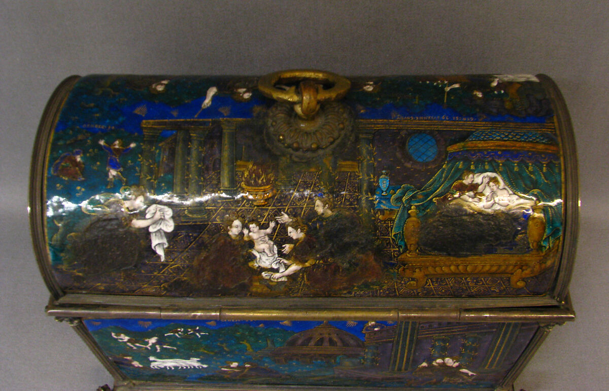 Casket with scenes of Genesis, Suzanne de Court (French, active 1575–1625), Painted enamel on copper, partly gilt; silver mounts, French, Limoges