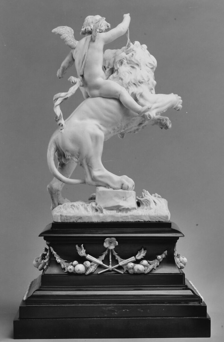 Cupid on a lion, Mattheus van Beveren (Flemish, Antwerp ca. 1630–1690 Brussels), Statuette: ivory; base: wood, ebony and ivory, Flemish