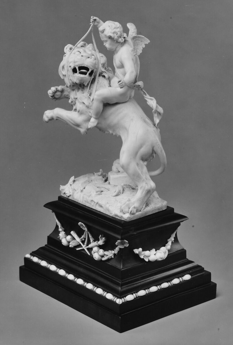 Cupid on a lion, Mattheus van Beveren (Flemish, Antwerp ca. 1630–1690 Brussels), Statuette: ivory; base: wood, ebony and ivory, Flemish