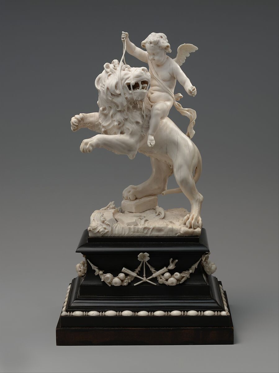 Cupid on a lion, Mattheus van Beveren (Flemish, Antwerp ca. 1630–1690 Brussels), Statuette: ivory; base: wood, ebony and ivory, Flemish 