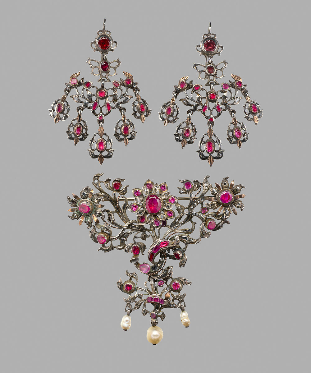 Corsage ornament (part of a set), Silver, silver gilt, jewels and pearls, Italian