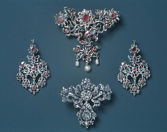 Corsage ornament (part of a set), Silver, silver gilt, jewels and pearls, Italian 