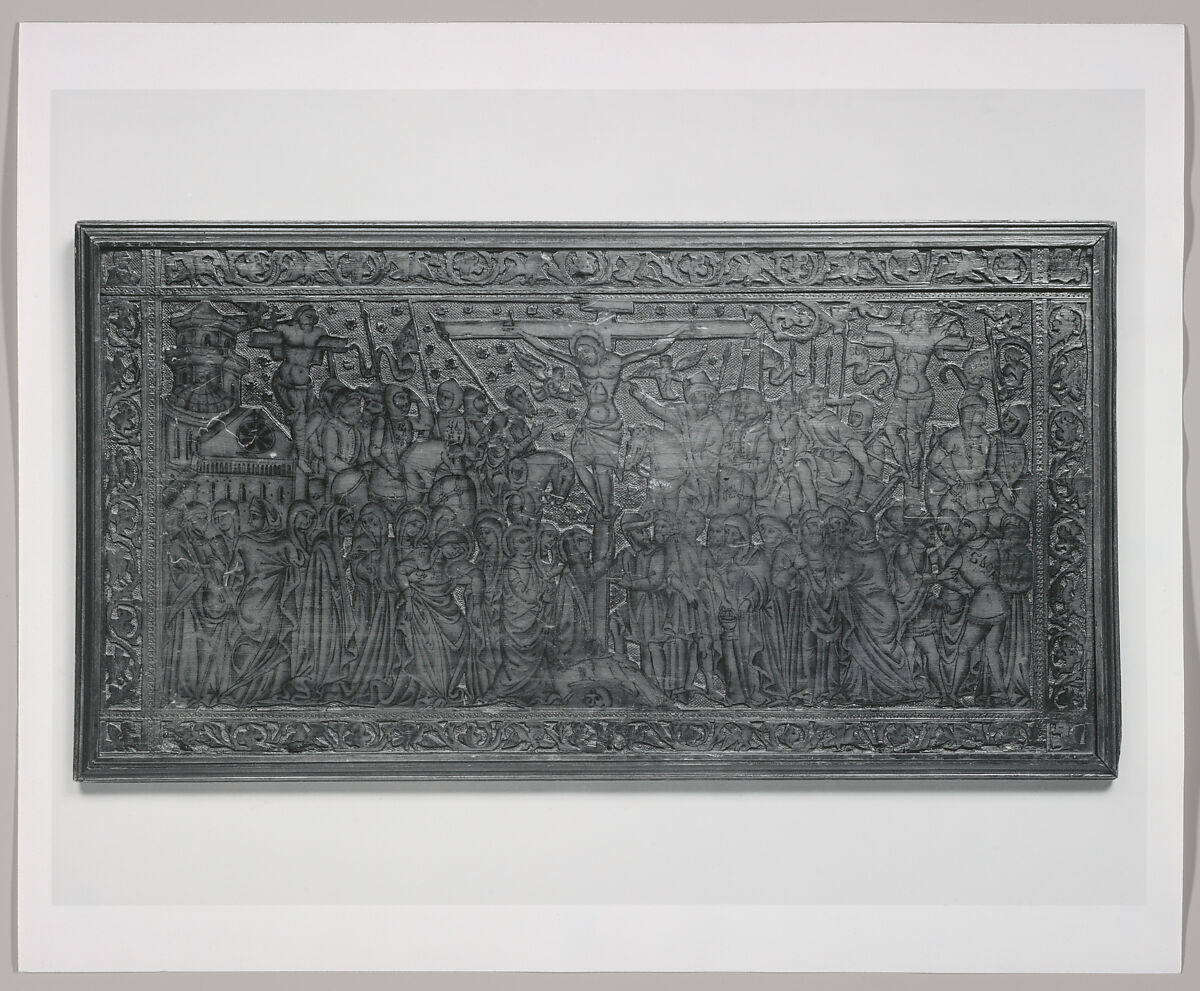 Panel, Carved, stamped and punched cypress with ink drawing, Northern Italian