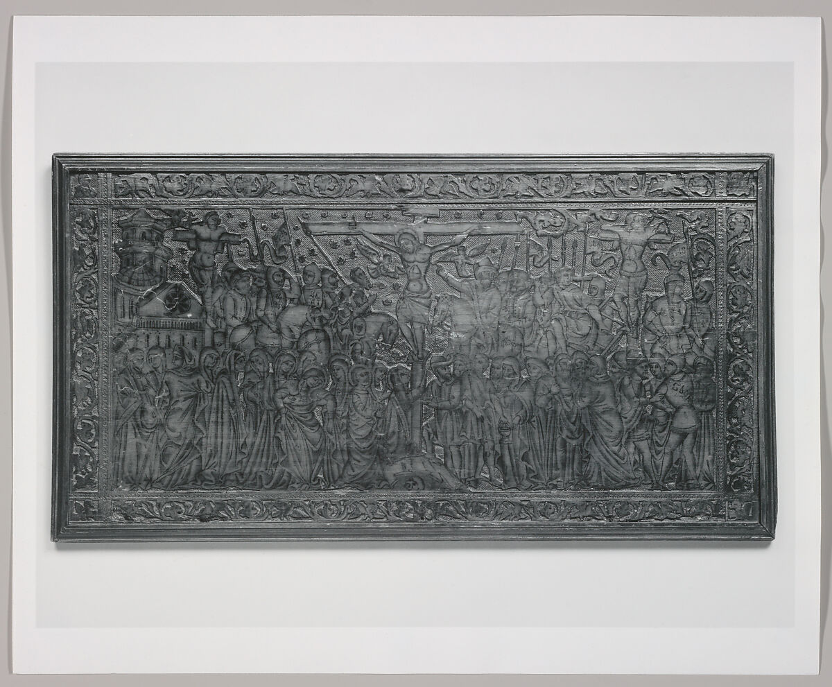Panel, Carved, stamped and punched cypress with ink drawing, Northern Italian 