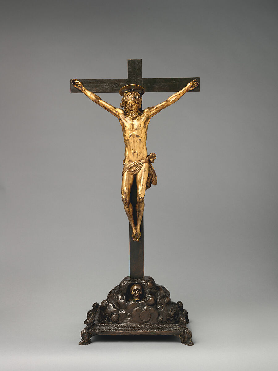 Crucifix on a Golgotha base, Base by Giuseppe de&#39; Levi (Italian, Verona 1522–1611/14 Verona), Corpus: bronze, fire-gilt; cross and base: bronze, Italian, Verona 