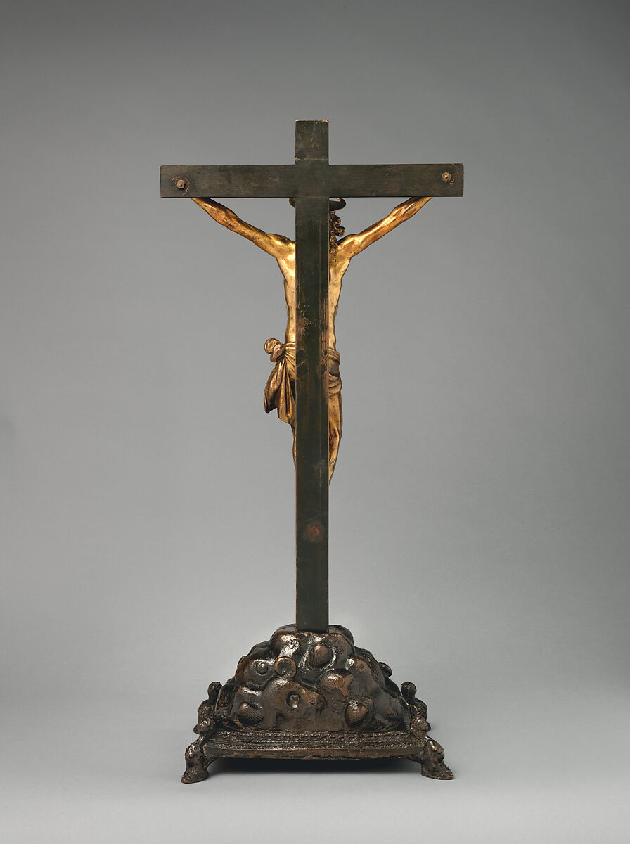 Crucifix on a Golgotha base, Base by Giuseppe de' Levi (Italian, Verona 1522–1611/14 Verona), Corpus: bronze, fire-gilt; cross and base: bronze, Italian, Verona