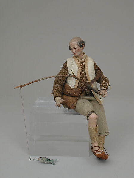 Shepherd with leather pouch, Polychromed terracotta head; wooden limbs; body of wire wrapped in tow; wool, linen and burlap garments; leather pouch, Italian, Naples 