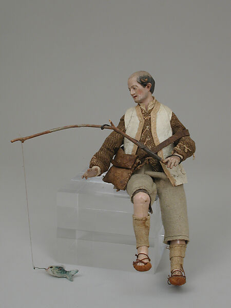 Shepherd with leather pouch, Polychromed terracotta head; wooden limbs; body of wire wrapped in tow; wool, linen and burlap garments; leather pouch, Italian, Naples