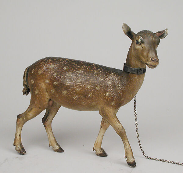 Spotted doe, Polychromed wood; glass eyes; silver collar and chain, Italian, Naples 