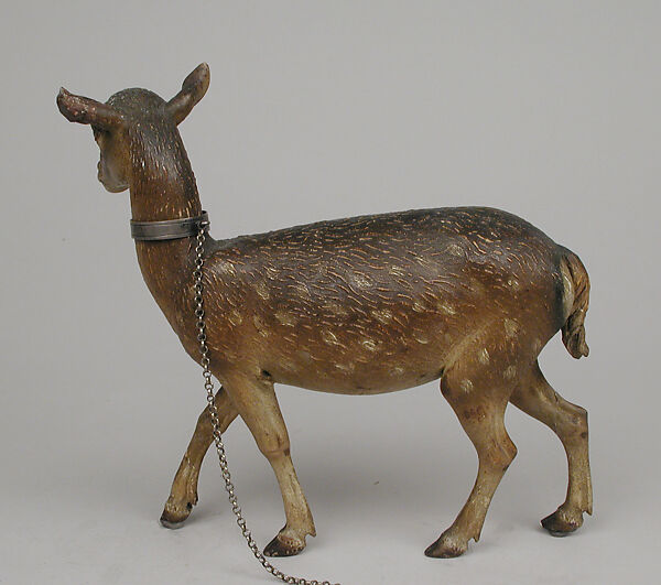 Spotted doe, Polychromed wood; glass eyes; silver collar and chain, Italian, Naples