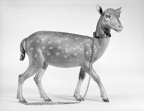 Spotted doe, Polychromed wood; glass eyes; silver collar and chain, Italian, Naples
