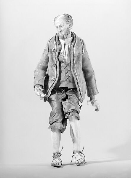 Seated man, Polychromed terracotta head; wooden limbs; body of wire wrapped in tow; linen and silk garments; glass eyes, Italian, Naples