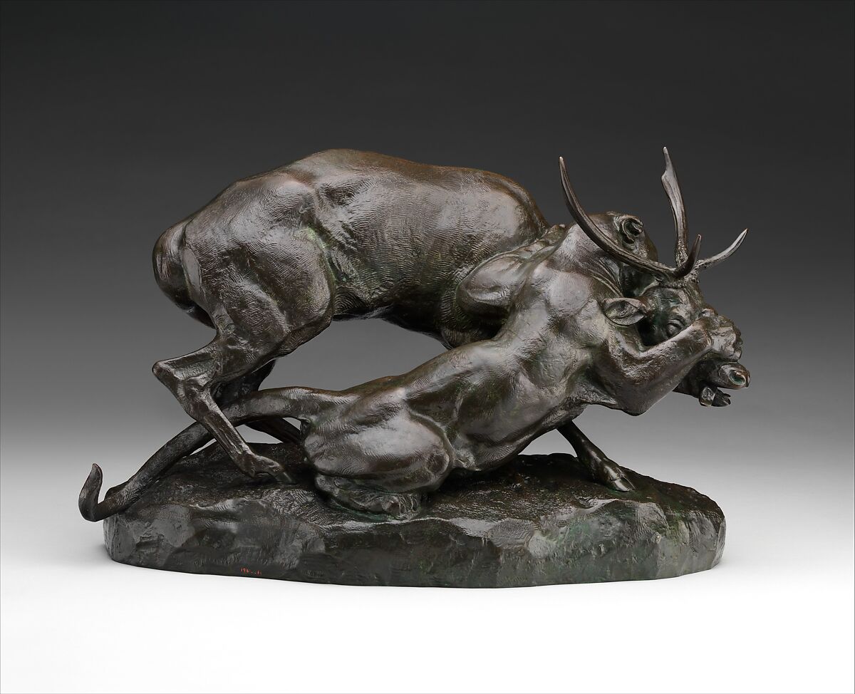 Panther Seizing a Stag, Antoine-Louis Barye (French, Paris 1795–1875 Paris), Bronze, French 