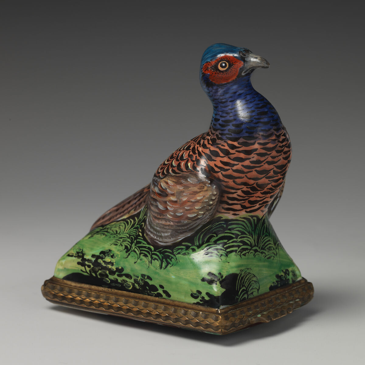 Bonbonnière in the form of a bird (pheasant), Enameled copper, British, possibly South Staffordshire