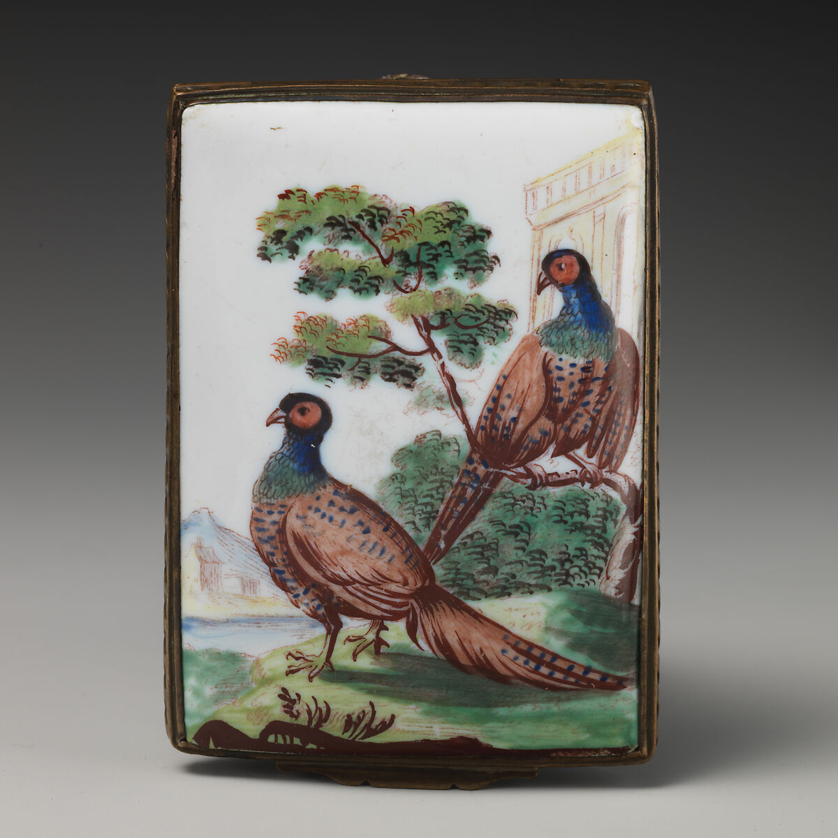 Bonbonnière in the form of a bird (pheasant), Enameled copper, British, possibly South Staffordshire