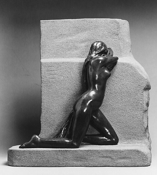 Grief, Albert Bartholomé (French, Thiverval 1848–1928 Paris), Bronze, red sandstone, French, Paris 