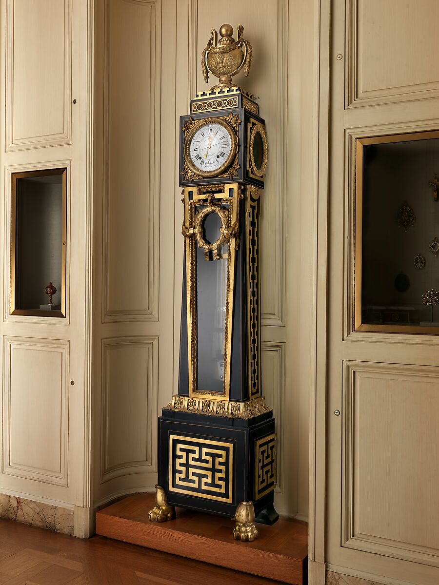 Longcase astronomical regulator, Clockmaker: Ferdinand Berthoud (French, 1727–1807), Case: oak veneered with ebony and brass, with gilt-bronze mounts; Dial: white enamel; Movement: gilded brass and steel, French, Paris 
