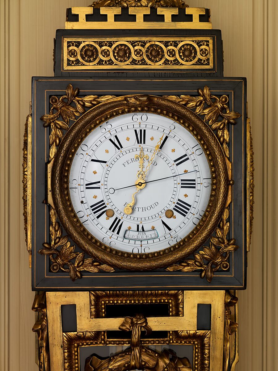Longcase astronomical regulator, Clockmaker: Ferdinand Berthoud (French, 1727–1807), Case: oak veneered with ebony and brass, with gilt-bronze mounts; Dial: white enamel; Movement: gilded brass and steel, French, Paris