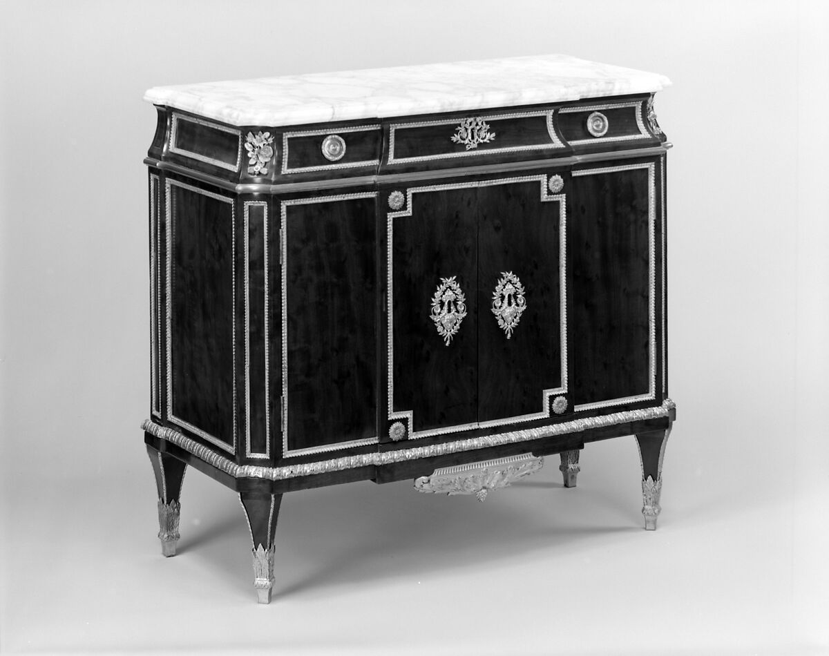 Commode, Jean Henri Riesener (French, Gladbeck, North Rhine-Westphalia 1734–1806 Paris), Oak, veneered with mahogany, gilt-bronze mounts, marble top, French 