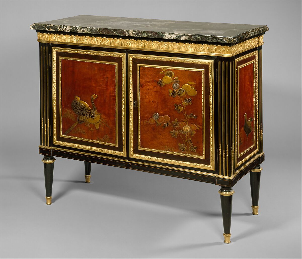 Commode, Claude-Charles Saunier (French, 1735–1807), Oak veneered with ebony, mahogany, rosewood, Japanese lacquer panels, rosso levanto marble, gilt bronze, French 