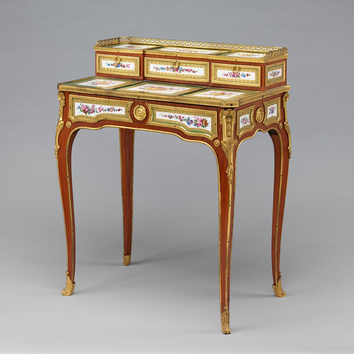 Desk (bonheur du jour), Attributed to Martin Carlin (French, near Freiburg im Breisgau ca. 1730–1785 Paris), Oak, mahogany, tulipwood, sycamore, ebony, box and harewood, gilt-bronze mounts, soft-paste porcelain, French, Sèvres 