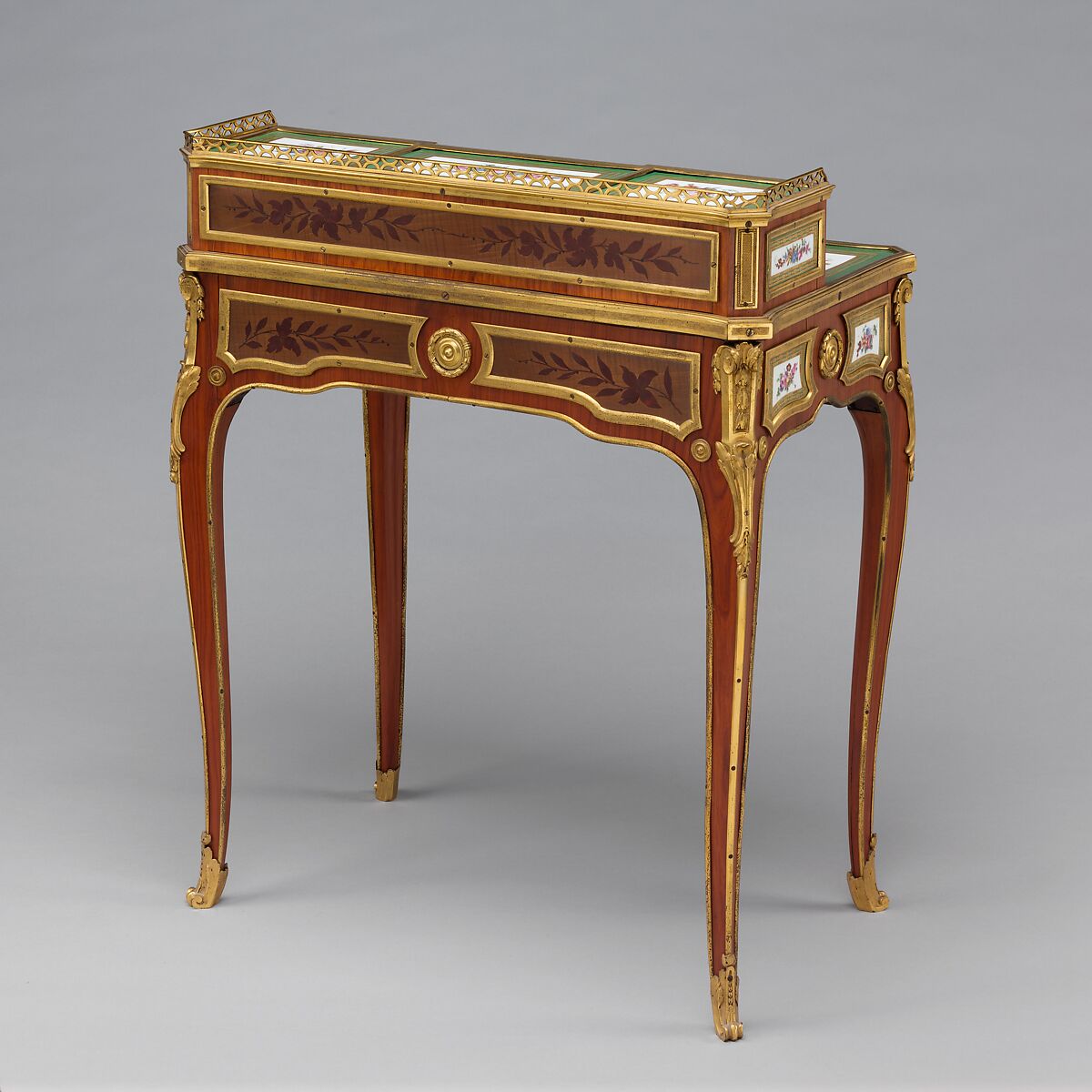 Desk (bonheur du jour), Attributed to Martin Carlin (French, near Freiburg im Breisgau ca. 1730–1785 Paris), Oak, mahogany, tulipwood, sycamore, ebony, box and harewood, gilt-bronze mounts, soft-paste porcelain, French, Sèvres