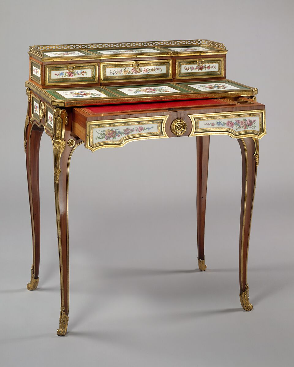 Desk (bonheur du jour), Attributed to Martin Carlin (French, near Freiburg im Breisgau ca. 1730–1785 Paris), Oak, mahogany, tulipwood, sycamore, ebony, box and harewood, gilt-bronze mounts, soft-paste porcelain, French, Sèvres
