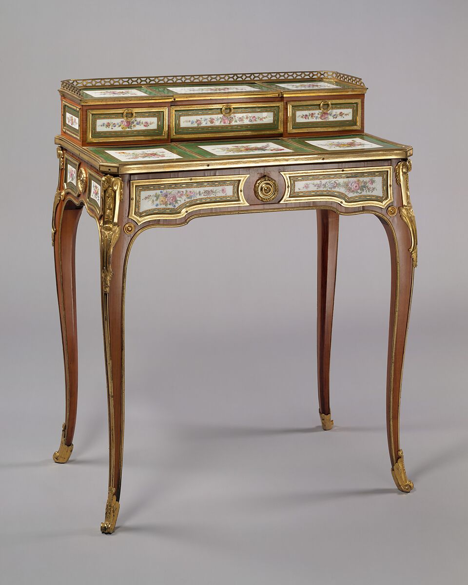 Desk (bonheur du jour), Martin Carlin (French, near Freiburg im Breisgau ca. 1730–1785 Paris), Oak, mahogany, tulipwood, sycamore, ebony, box and harewood, gilt-bronze mounts, soft-paste porcelain, French, Paris and Sèvres 